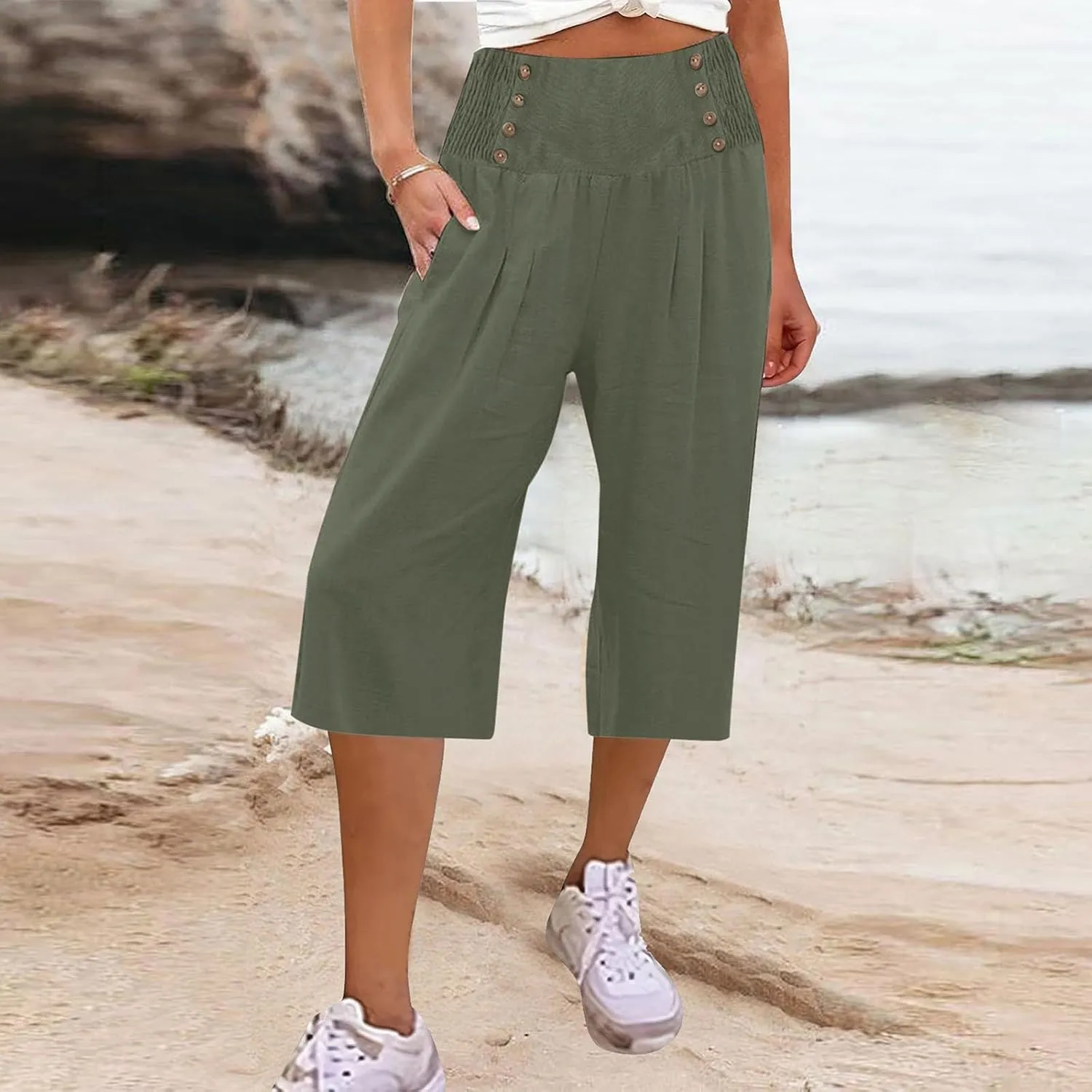 Cropped Wide Leg Pants for Women Summer Fashion Button Cotton Linen Pants High Waisted Lightweight Casual Trousers