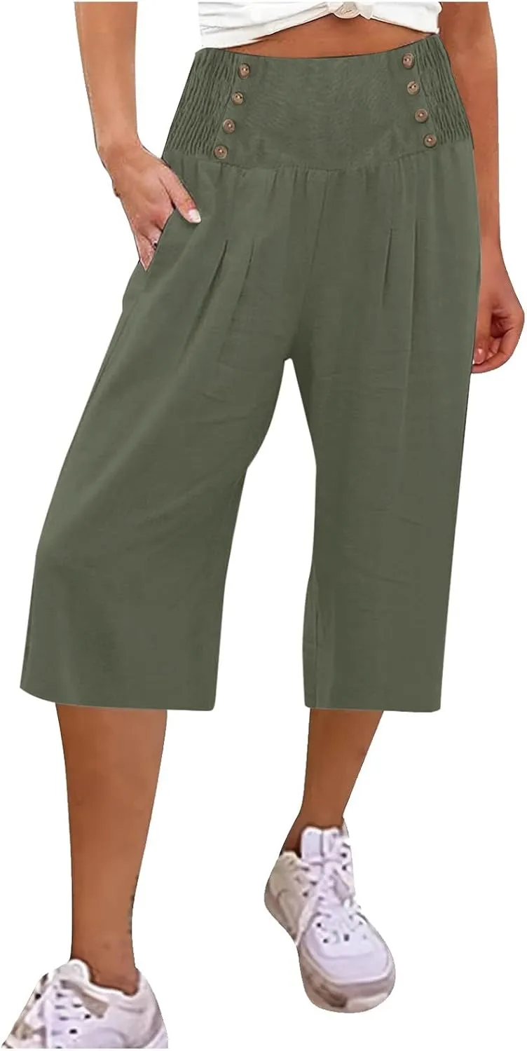 Cropped Wide Leg Pants for Women Summer Fashion Button Cotton Linen Pants High Waisted Lightweight Casual Trousers