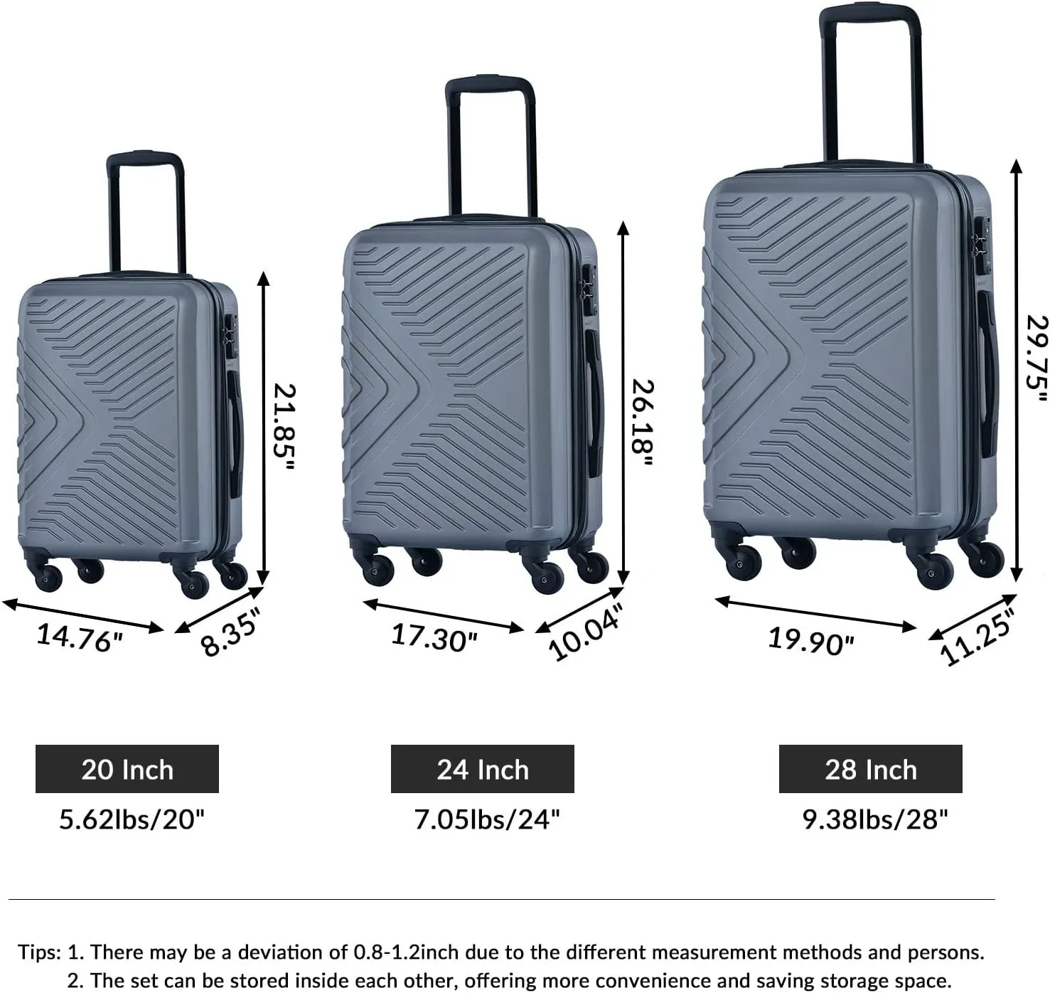 CuisinSmart 3 Piece Luggage Sets 20"/24"/28" Lightweight Hardshell Suitcase With 2 Hooks, Spinner Wheels, TSA Lock For Travel Gray As shown