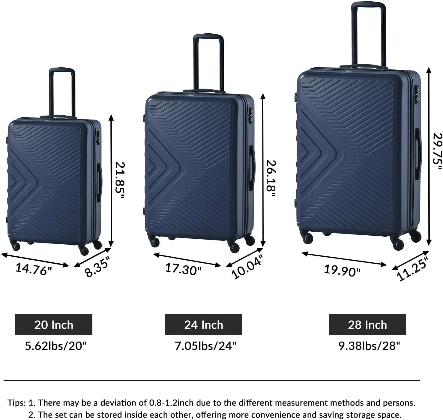 CuisinSmart 3 Piece Luggage Sets 20"/24"/28" Lightweight Hardshell Suitcase With 2 Hooks, Spinner Wheels, TSA Lock For Travel Navy blue As shown