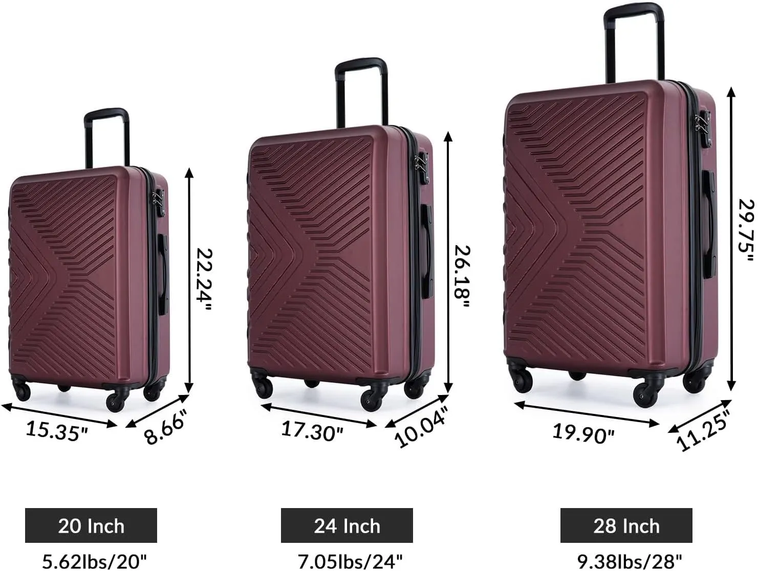 CuisinSmart 3 Piece Luggage Sets 20"/24"/28" Lightweight Hardshell Suitcase With 2 Hooks, Spinner Wheels, TSA Lock For Travel Red As shown