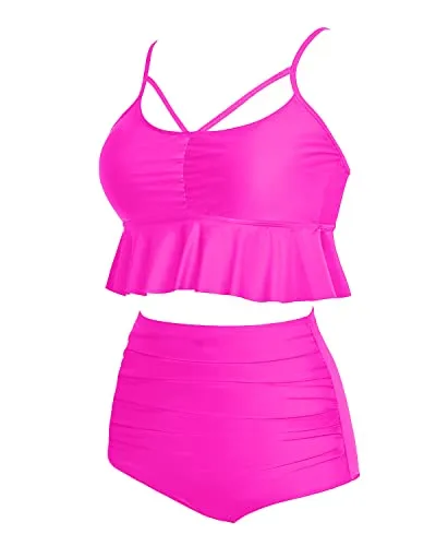 Curve-Hugging Full-Cover High Waist Bikini Sets-Neon Pink