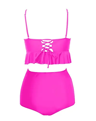 Curve-Hugging Full-Cover High Waist Bikini Sets-Neon Pink