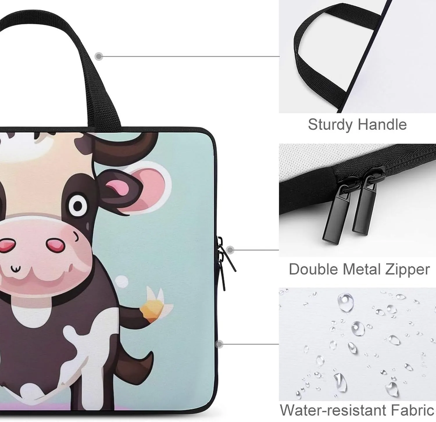 Cute Black Cow Laptop Bag Durable Laptop Sleeve Water-Resistant Notebook Bag for Computer Or Tablet