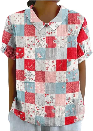 Cute Printed Tops for Women Short Sleeve Fitted Shirts Babydoll Collar Blouse Casual Cotton Linen Tops Blouse