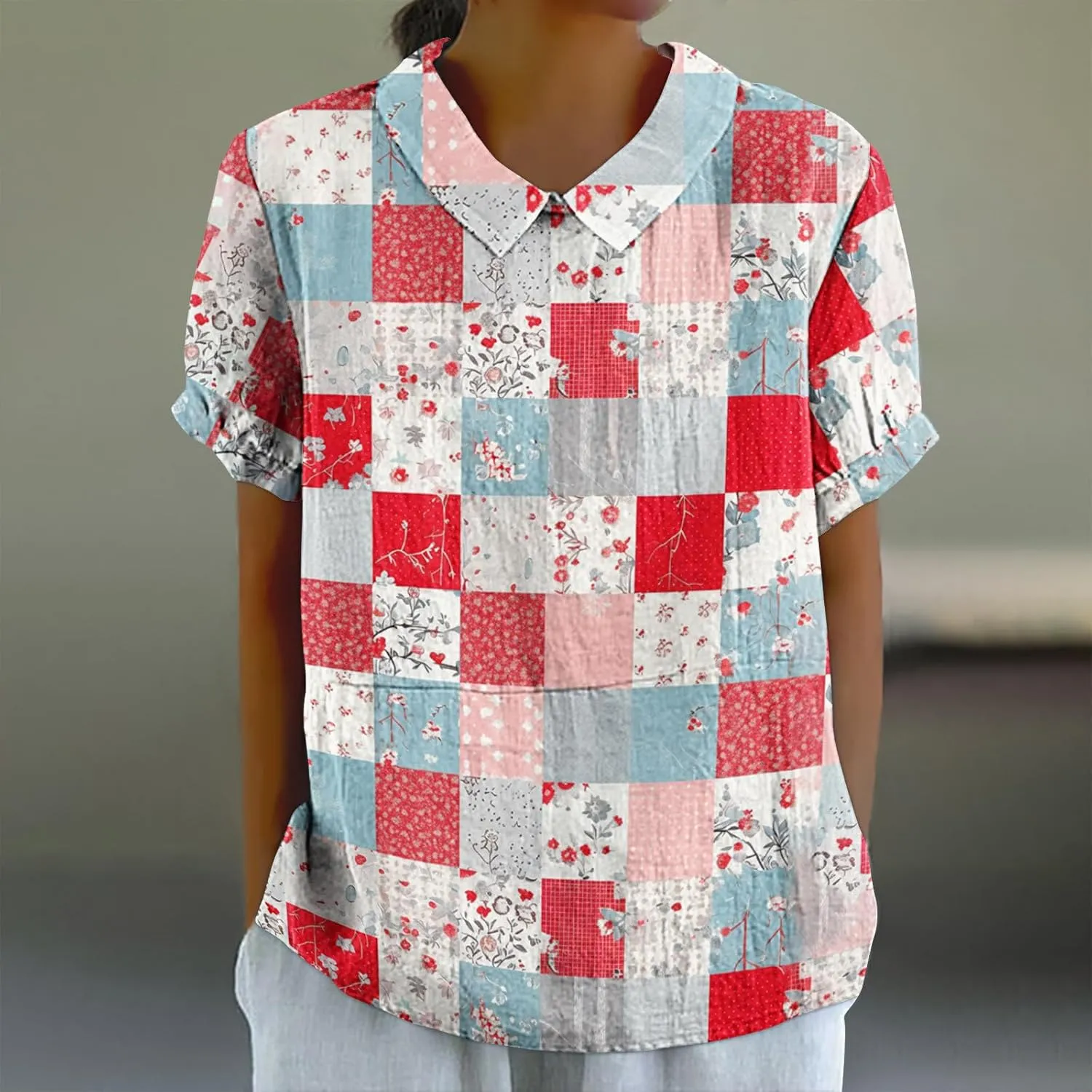 Cute Printed Tops for Women Short Sleeve Fitted Shirts Babydoll Collar Blouse Casual Cotton Linen Tops Blouse
