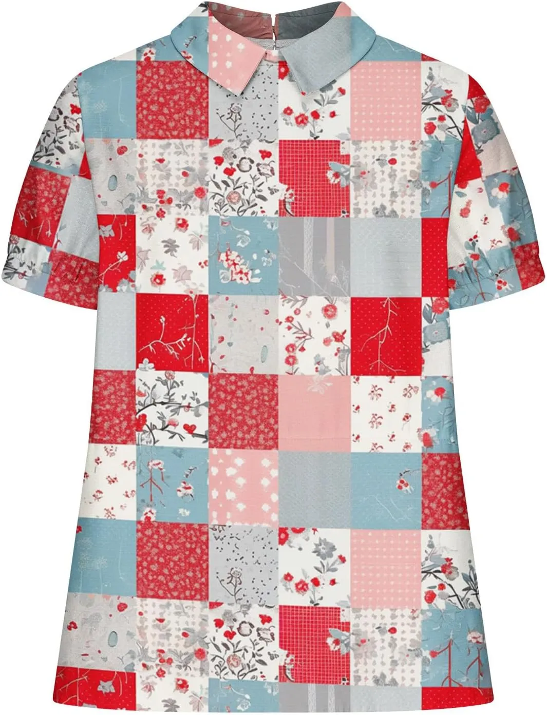 Cute Printed Tops for Women Short Sleeve Fitted Shirts Babydoll Collar Blouse Casual Cotton Linen Tops Blouse