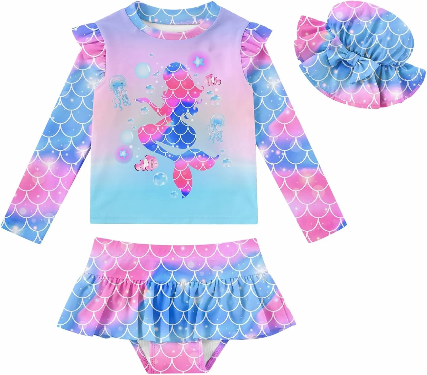 Cutemile Little Girls Rash Guard Set 3 Piece Swimsuit with Hat UPF 50  Long Sleeve Swimwear 1-6 Years