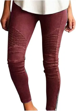 Dademeo Women Skinny Pants High Waisted Stretch Slim Pencil Trousers Ruched Side Zipper Workout Gym Leggings Skinny Tights
