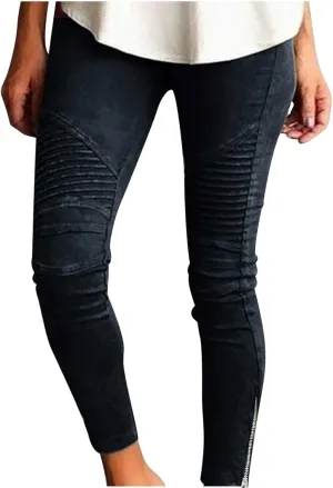 Dademeo Women Skinny Pants High Waisted Stretch Slim Pencil Trousers Ruched Side Zipper Workout Gym Leggings Skinny Tights
