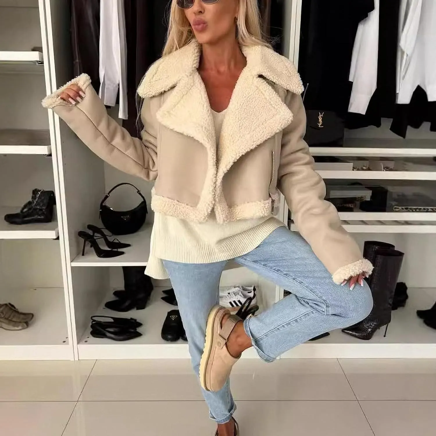 Dawery Women Lapel Lambswool Faux Leather Zippers Short Jacket High Waist Soft Thickened Warm Coat Long Sleeve Motorcycle Outwear Black