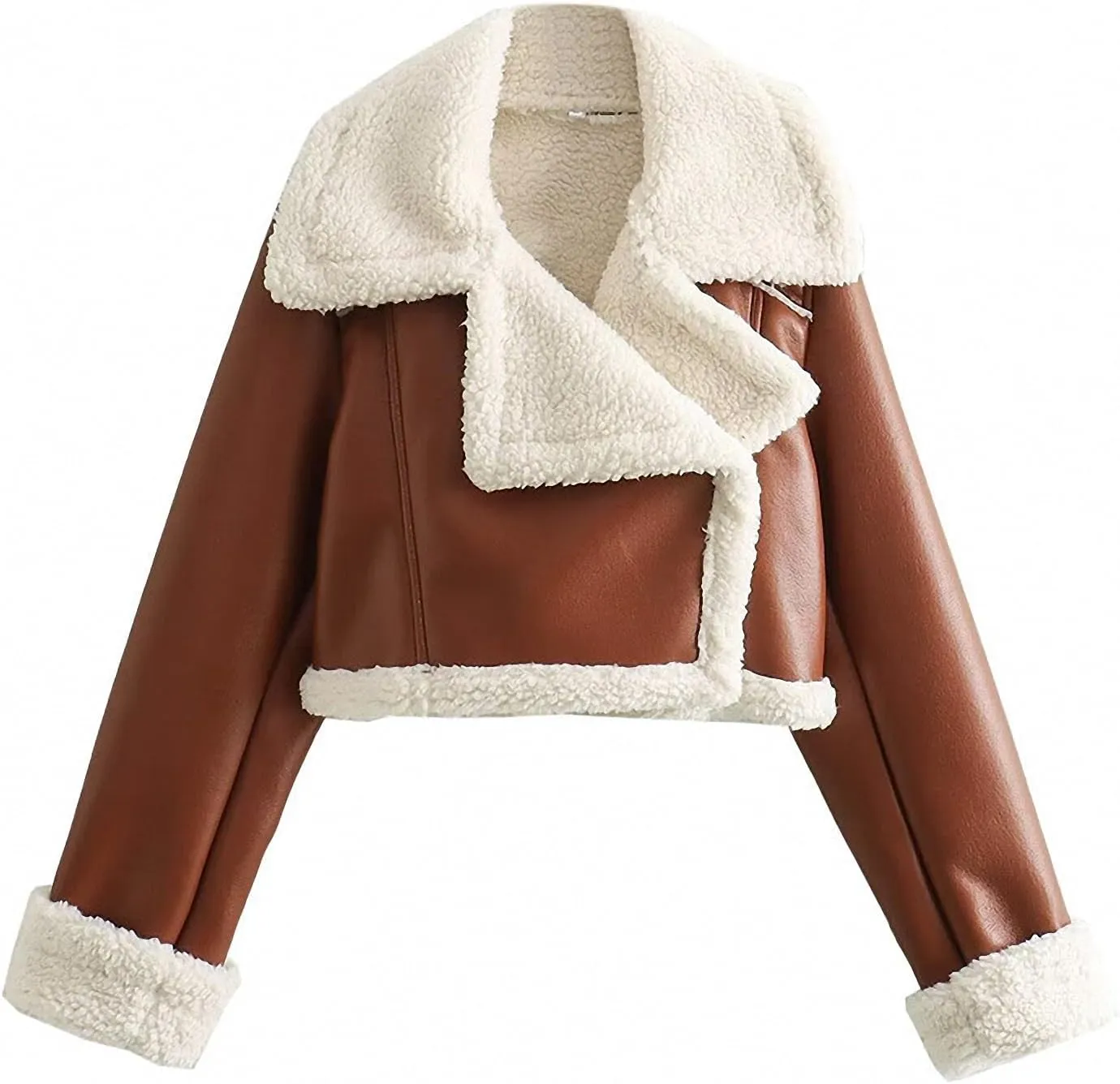 Dawery Women Lapel Lambswool Faux Leather Zippers Short Jacket High Waist Soft Thickened Warm Coat Long Sleeve Motorcycle Outwear Black