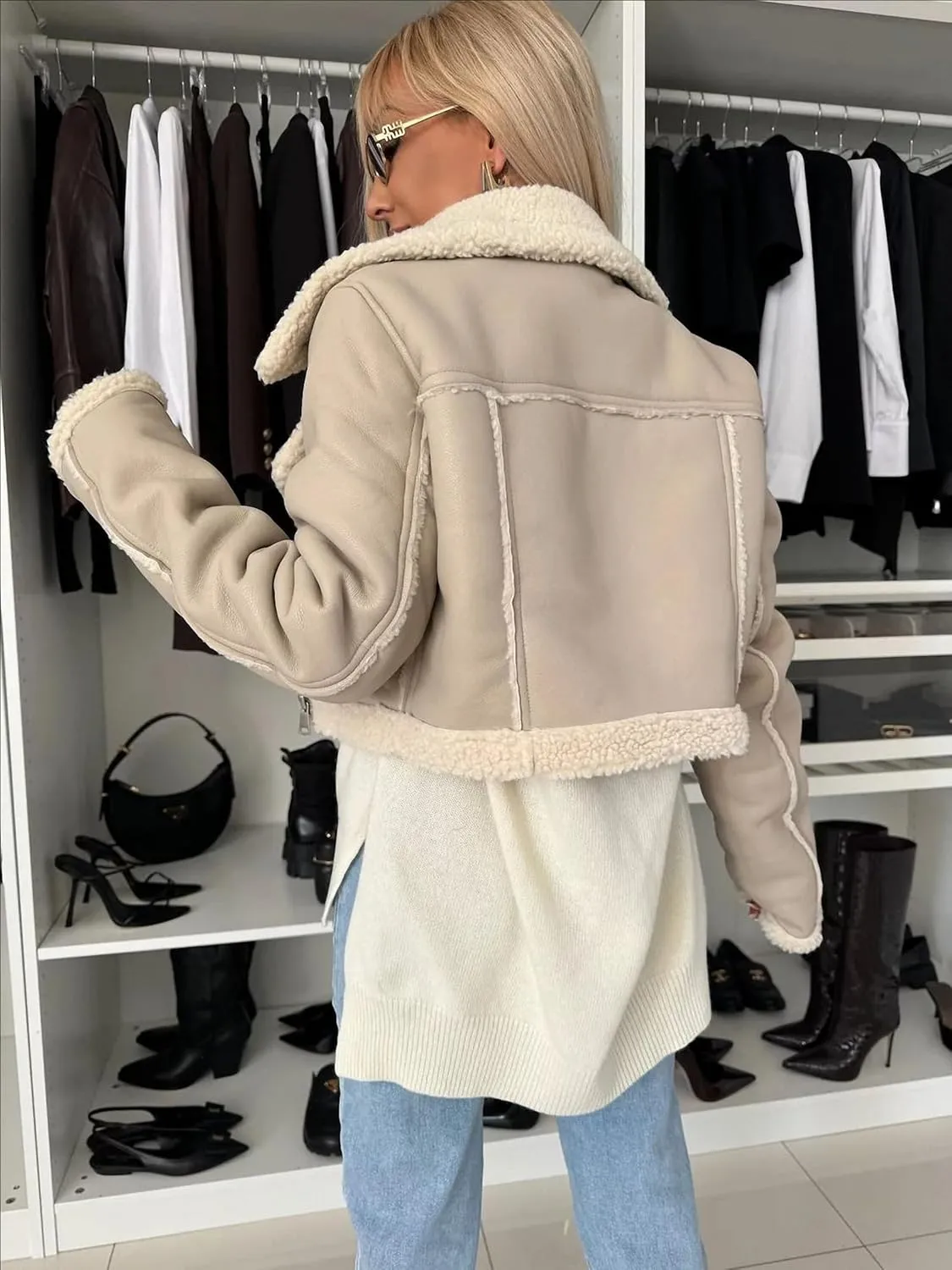 Dawery Women Lapel Lambswool Faux Leather Zippers Short Jacket High Waist Soft Thickened Warm Coat Long Sleeve Motorcycle Outwear Black