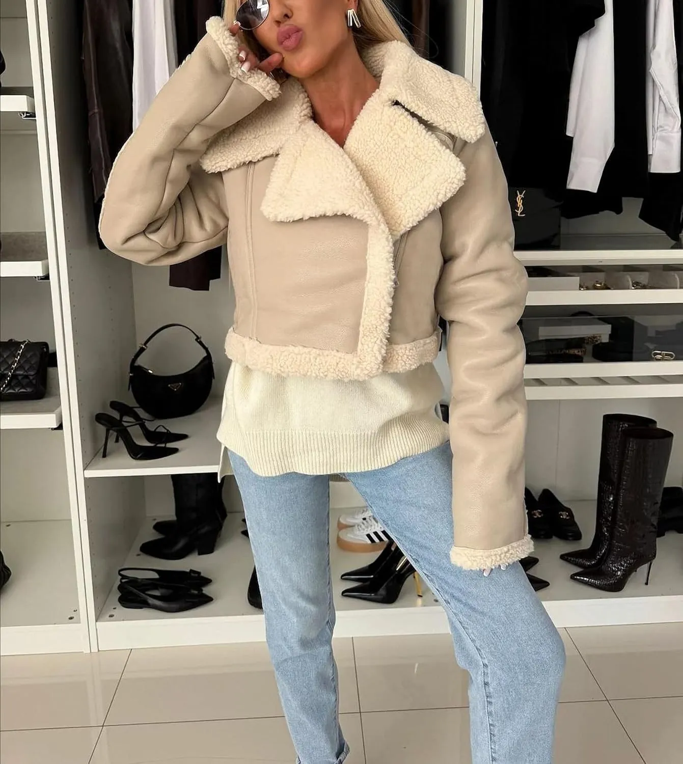Dawery Women Lapel Lambswool Faux Leather Zippers Short Jacket High Waist Soft Thickened Warm Coat Long Sleeve Motorcycle Outwear Black