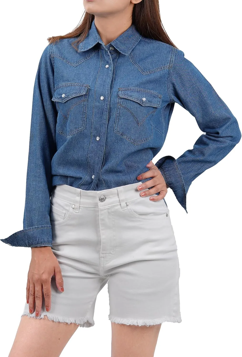 Decrum Denim Shirt Women Long Sleeve - Trendy Lightweight Red and Blue Jean Shirts for Women Denim Top