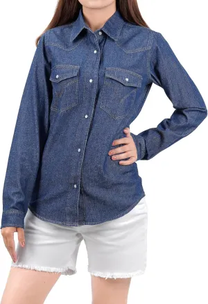 Decrum Denim Shirt Women Long Sleeve - Trendy Lightweight Red and Blue Jean Shirts for Women Denim Top