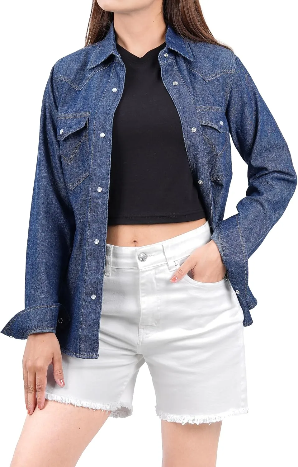 Decrum Denim Shirt Women Long Sleeve - Trendy Lightweight Red and Blue Jean Shirts for Women Denim Top