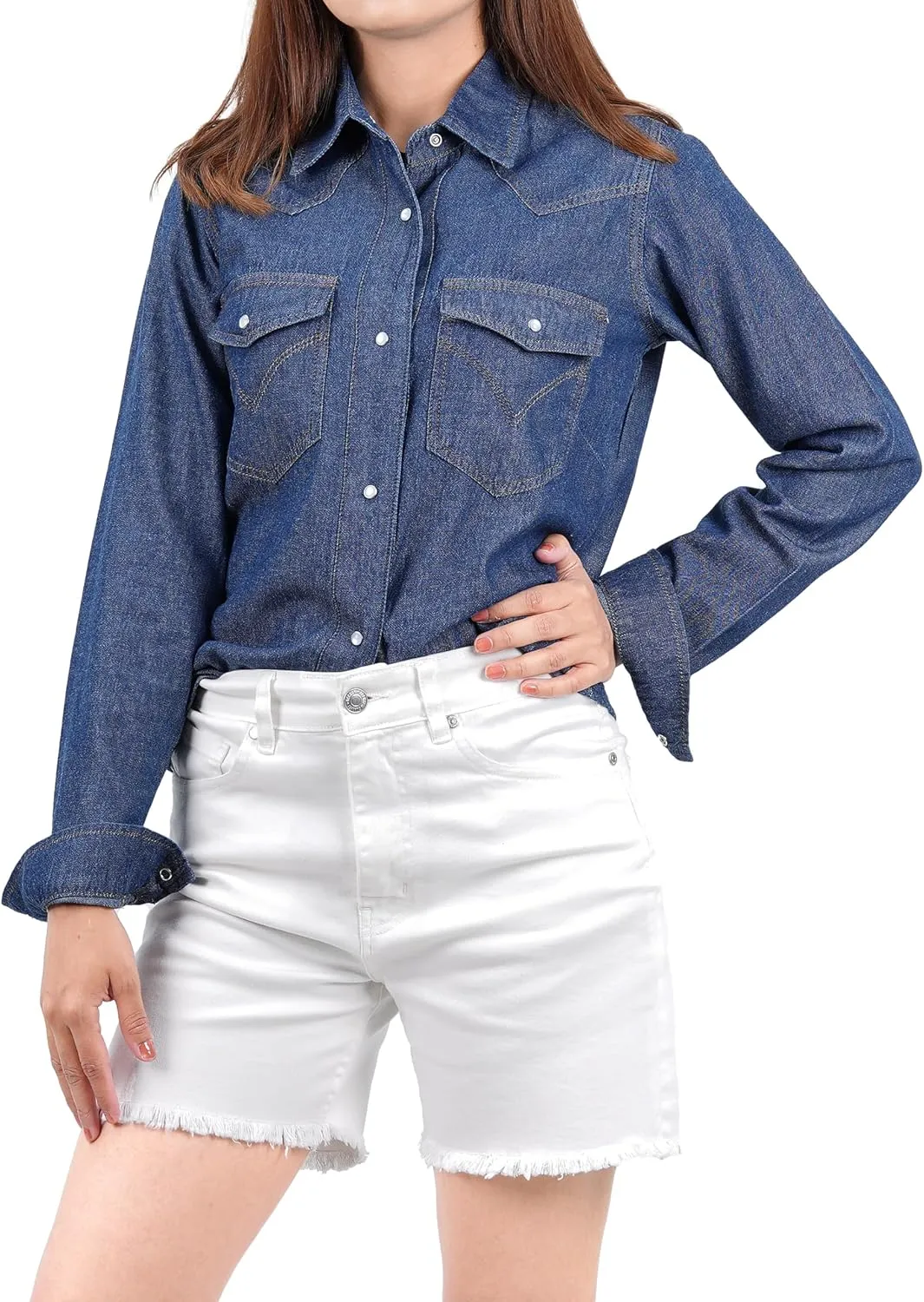Decrum Denim Shirt Women Long Sleeve - Trendy Lightweight Red and Blue Jean Shirts for Women Denim Top