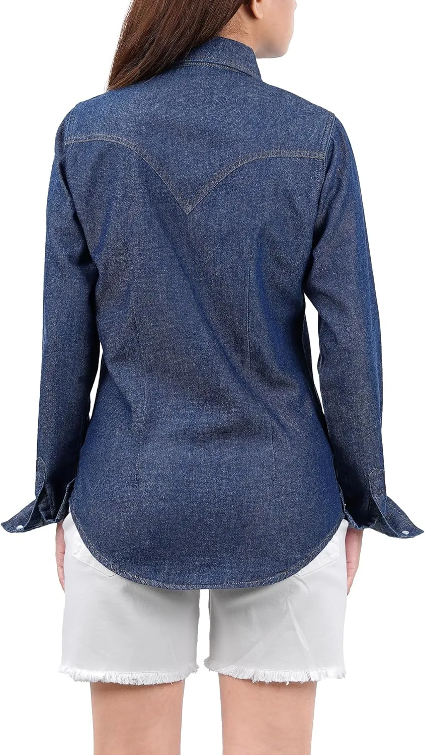 Decrum Denim Shirt Women Long Sleeve - Trendy Lightweight Red and Blue Jean Shirts for Women Denim Top