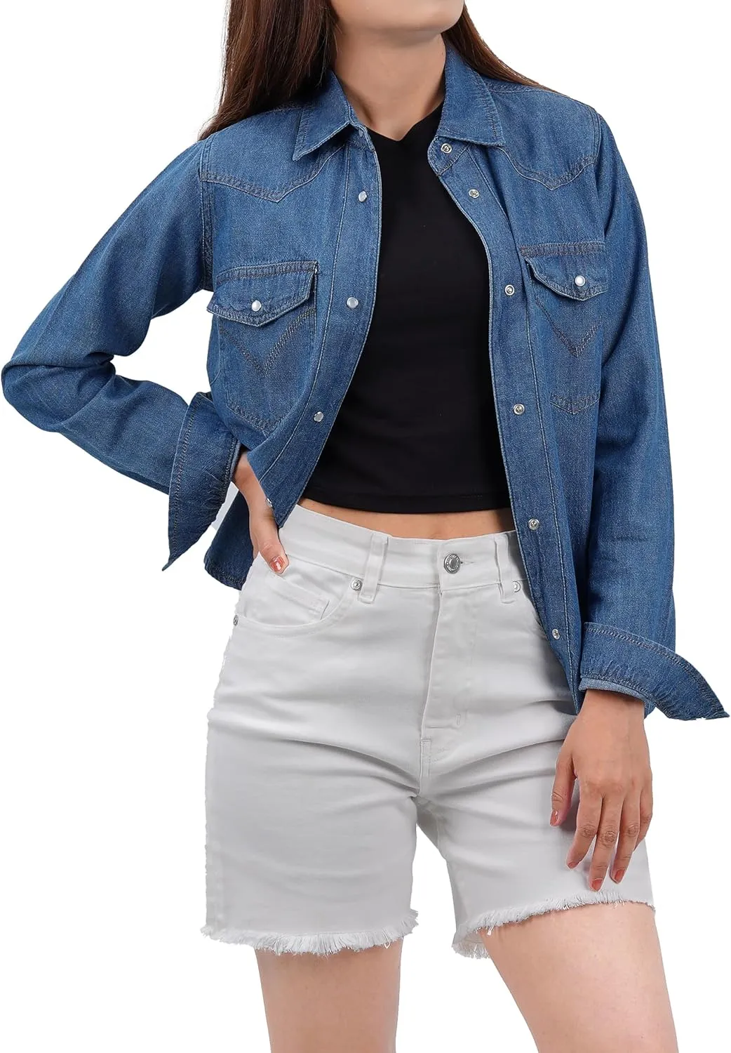Decrum Denim Shirt Women Long Sleeve - Trendy Lightweight Red and Blue Jean Shirts for Women Denim Top