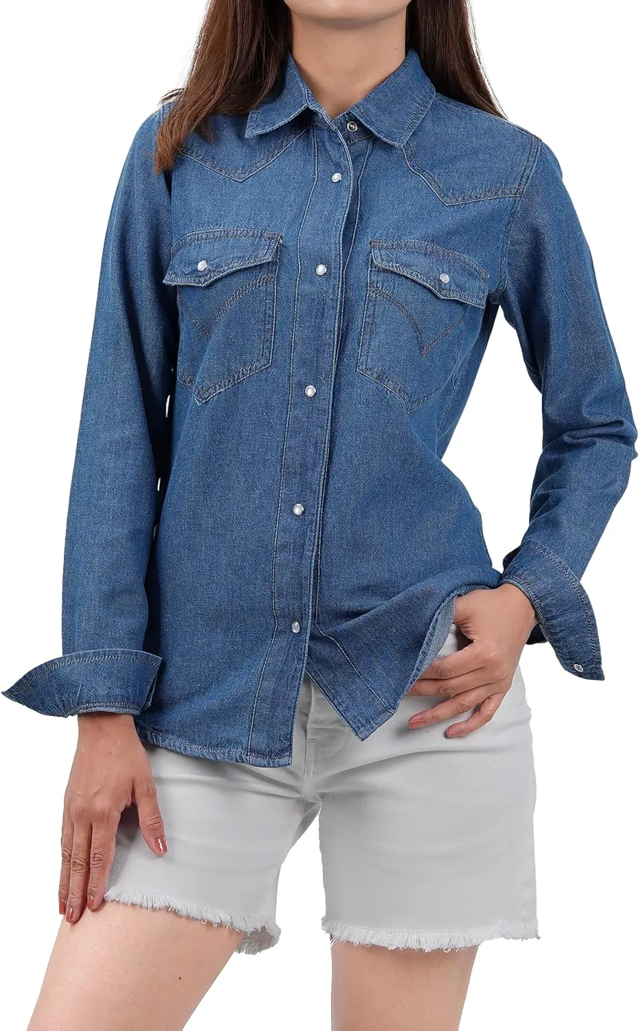 Decrum Denim Shirt Women Long Sleeve - Trendy Lightweight Red and Blue Jean Shirts for Women Denim Top