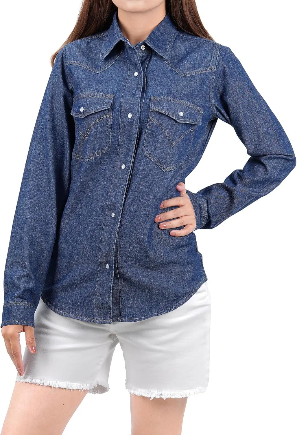 Decrum Denim Shirt Women Long Sleeve - Trendy Lightweight Red and Blue Jean Shirts for Women Denim Top
