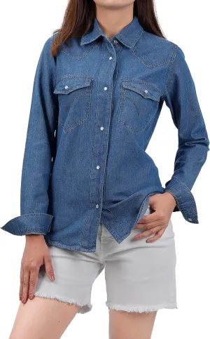 Decrum Denim Shirt Women Long Sleeve - Trendy Lightweight Red and Blue Jean Shirts for Women Denim Top