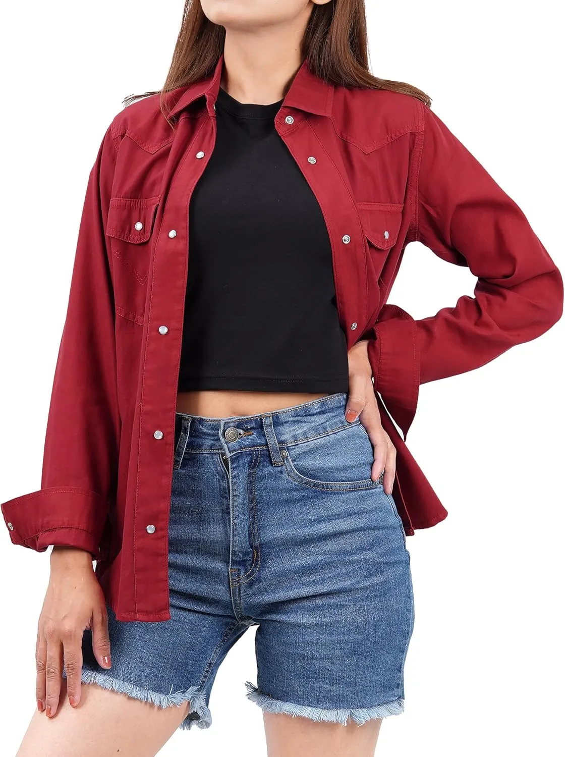 Decrum Denim Shirt Women Long Sleeve - Trendy Lightweight Red and Blue Jean Shirts for Women Denim Top