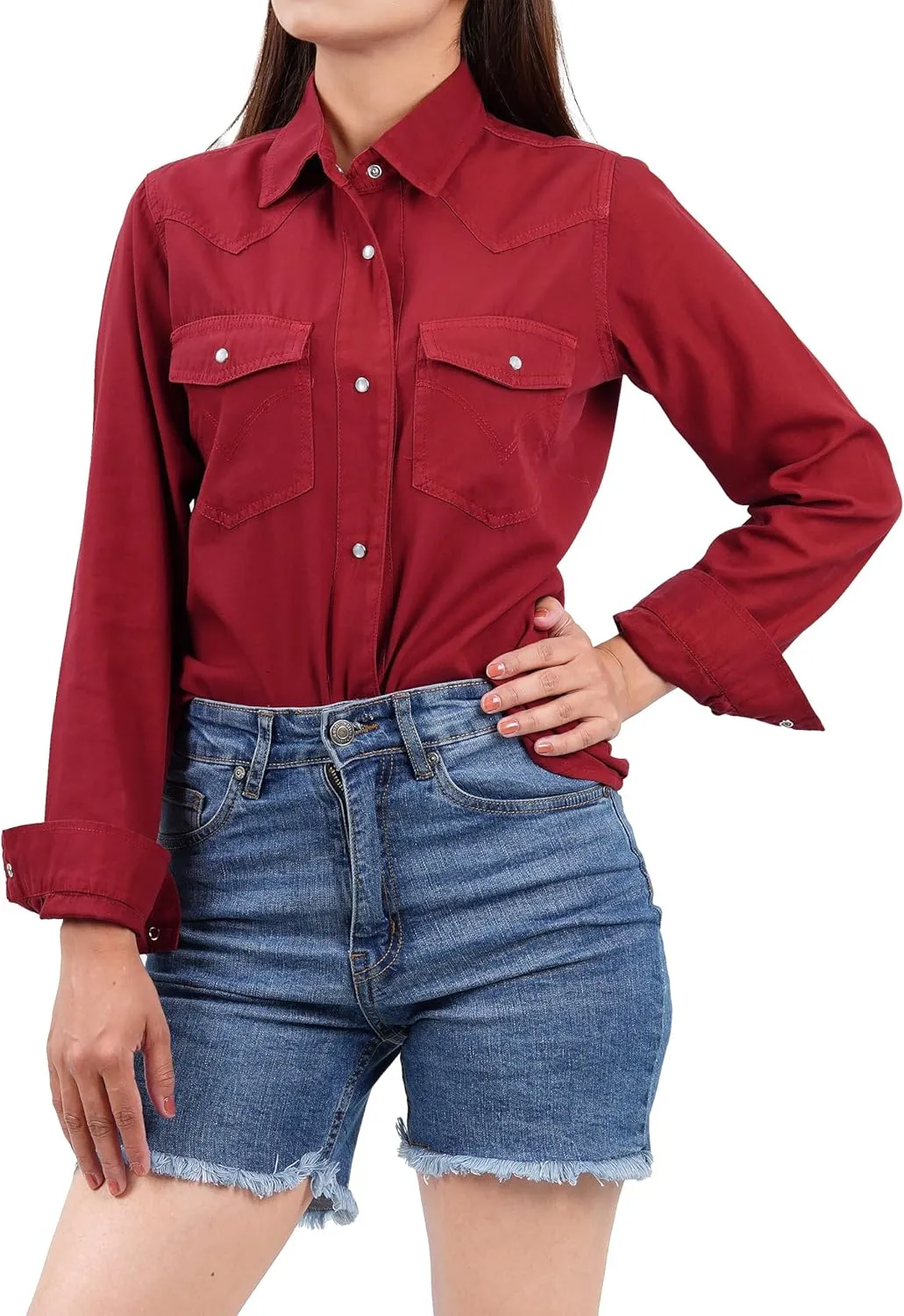 Decrum Denim Shirt Women Long Sleeve - Trendy Lightweight Red and Blue Jean Shirts for Women Denim Top