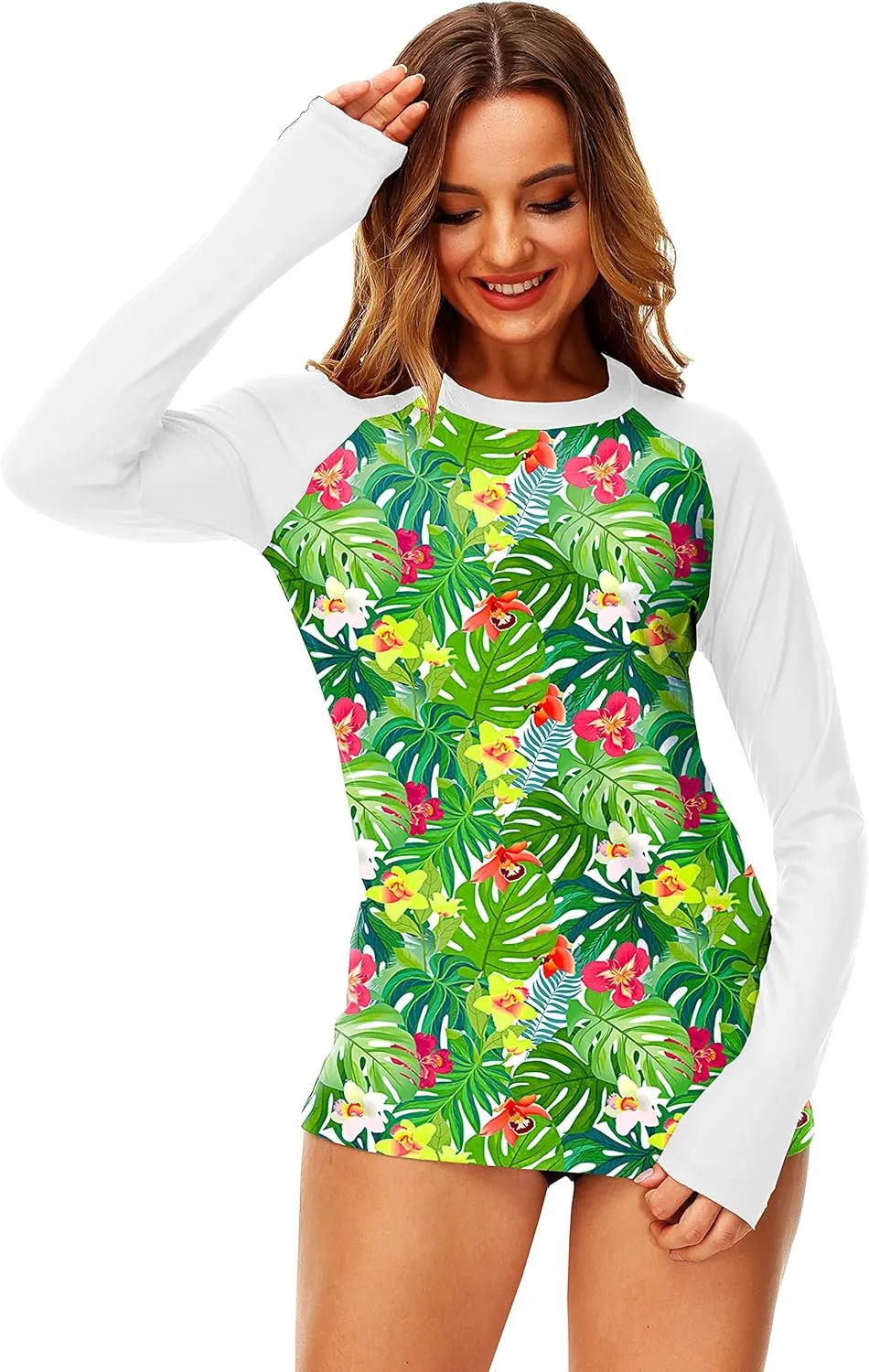 Deerose Women UPF 50  Rash Guard Printed Swim Shirts Surf Swimwear Top