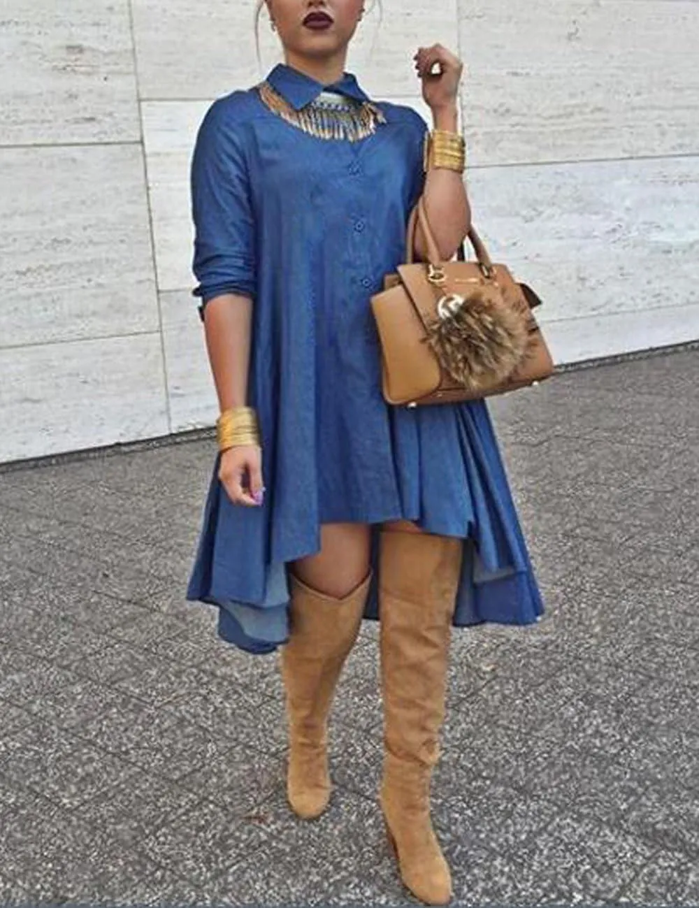 Denim Dress for Women 2024 Blue Denim Shirt Dress Blouses Long Sleeve Big Swing Casual Denim Party Dress