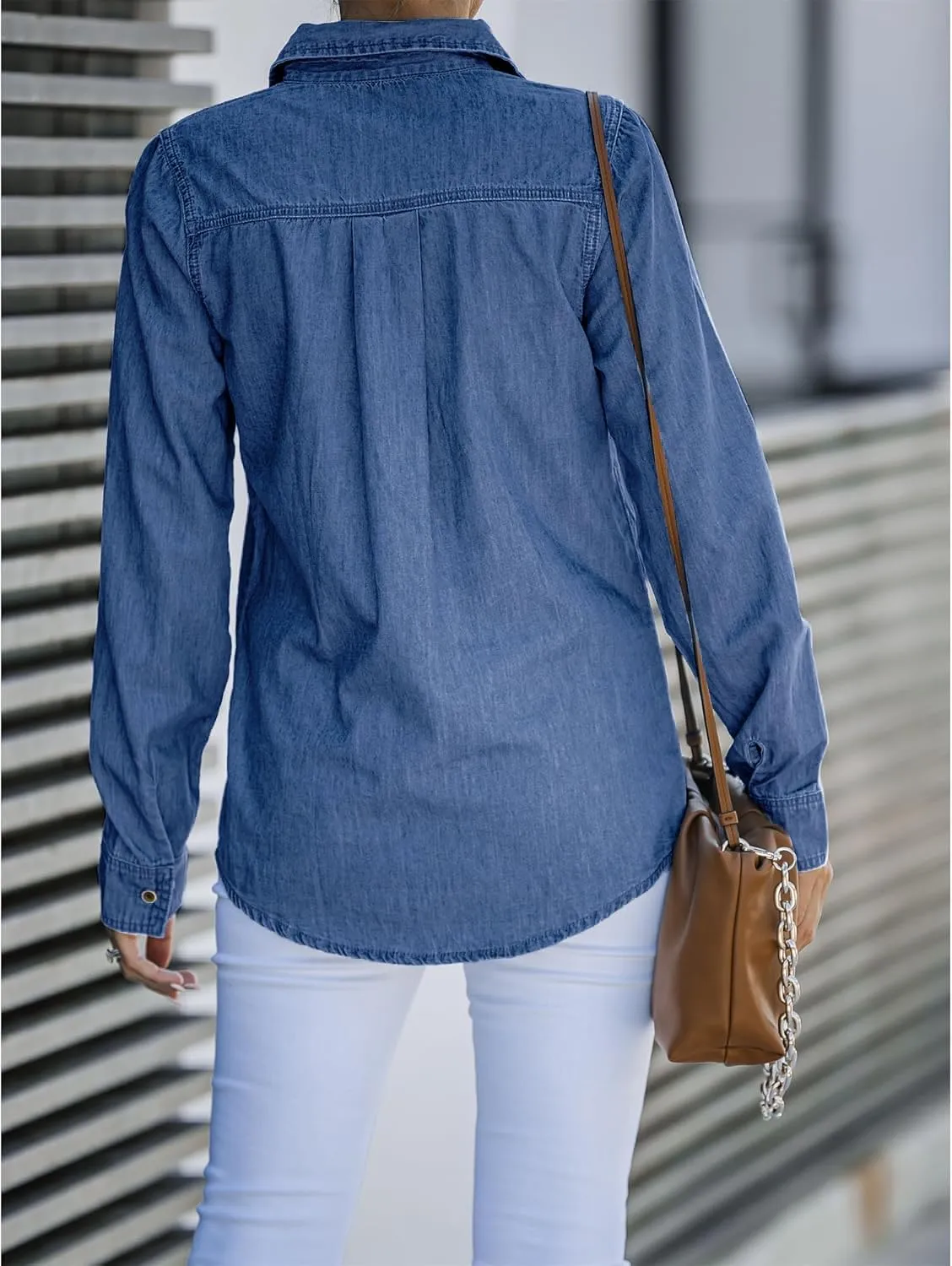 Denim Shirt Women Button Down Long Sleeve Chambray Western Jean Shirts Collared Casual Denim Tops