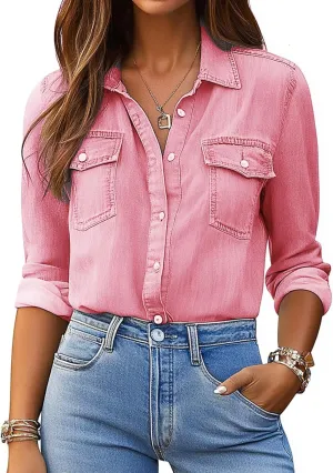 Denim Shirt Women Button Down Long Sleeve Chambray Western Jean Shirts Collared Casual Denim Tops