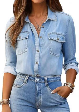 Denim Shirt Women Button Down Long Sleeve Chambray Western Jean Shirts Collared Casual Denim Tops
