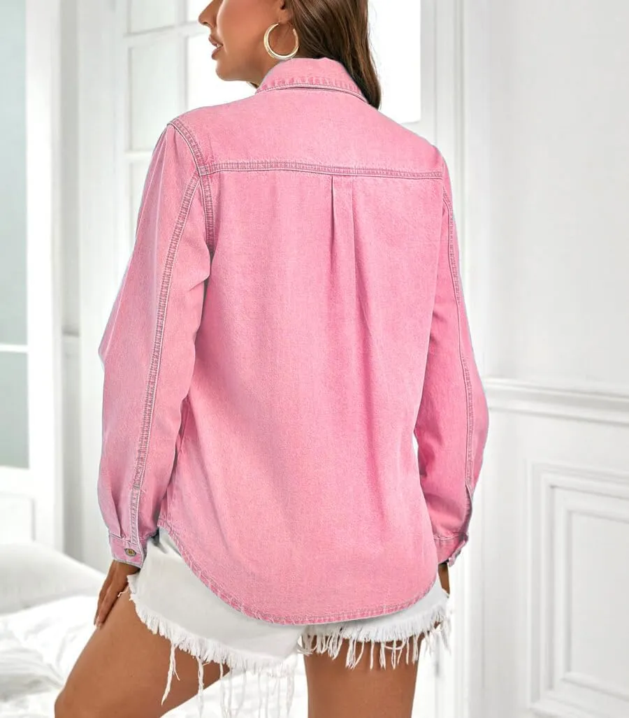 Denim Shirt Women Button Down Long Sleeve Chambray Western Jean Shirts Collared Casual Denim Tops