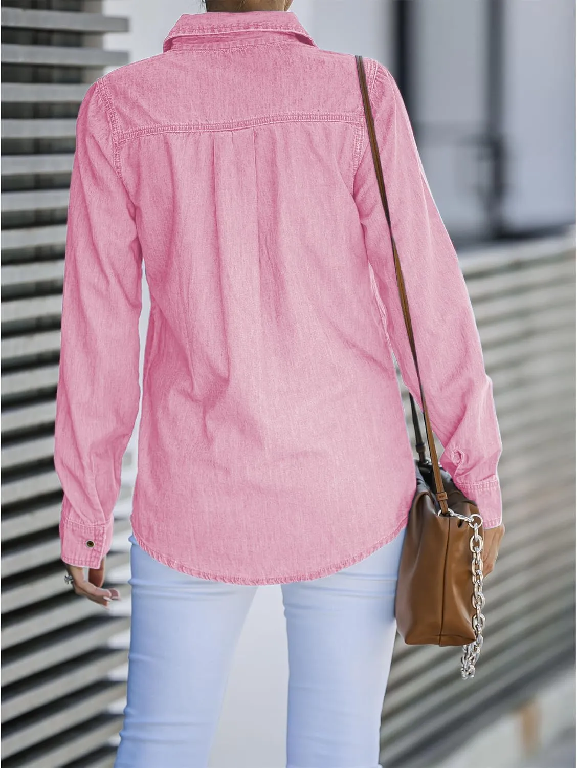 Denim Shirt Women Button Down Long Sleeve Chambray Western Jean Shirts Collared Casual Denim Tops