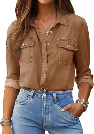 Denim Shirt Women Button Down Long Sleeve Chambray Western Jean Shirts Collared Casual Denim Tops