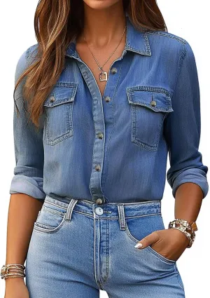 Denim Shirt Women Button Down Long Sleeve Chambray Western Jean Shirts Collared Casual Denim Tops