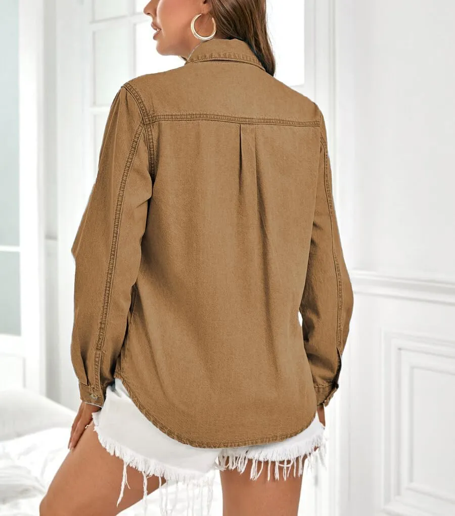 Denim Shirt Women Button Down Long Sleeve Chambray Western Jean Shirts Collared Casual Denim Tops