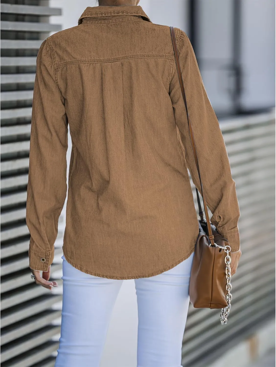 Denim Shirt Women Button Down Long Sleeve Chambray Western Jean Shirts Collared Casual Denim Tops