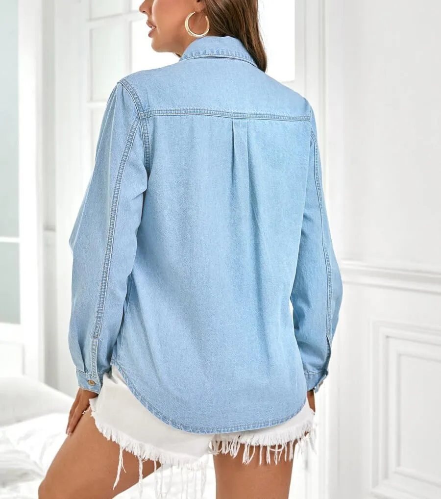 Denim Shirt Women Button Down Long Sleeve Chambray Western Jean Shirts Collared Casual Denim Tops