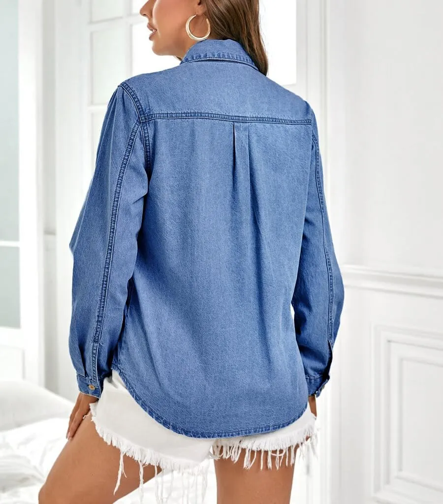 Denim Shirt Women Button Down Long Sleeve Chambray Western Jean Shirts Collared Casual Denim Tops