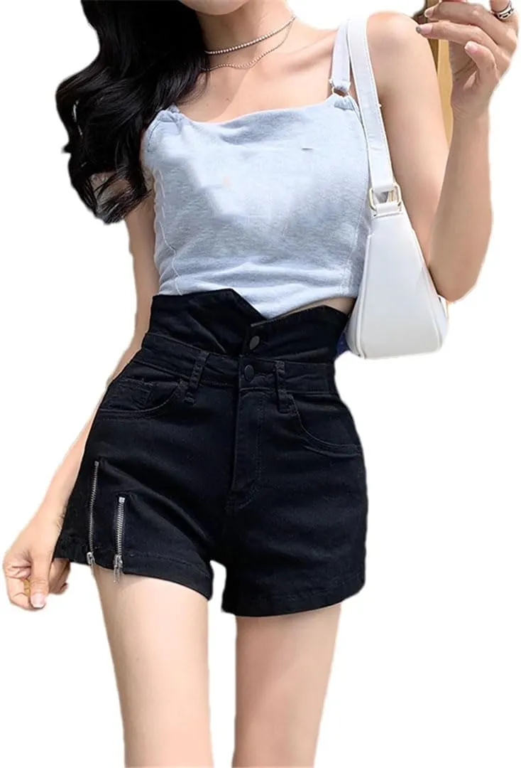 Denim Shorts Women Summer Black Zipper High Waist Short Pants Hot Pants with Pockets
