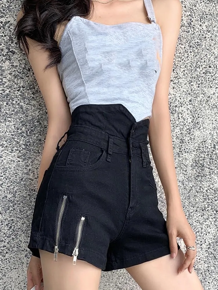 Denim Shorts Women Summer Black Zipper High Waist Short Pants Hot Pants with Pockets