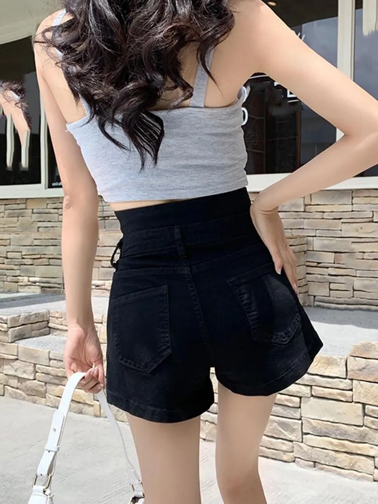 Denim Shorts Women Summer Black Zipper High Waist Short Pants Hot Pants with Pockets