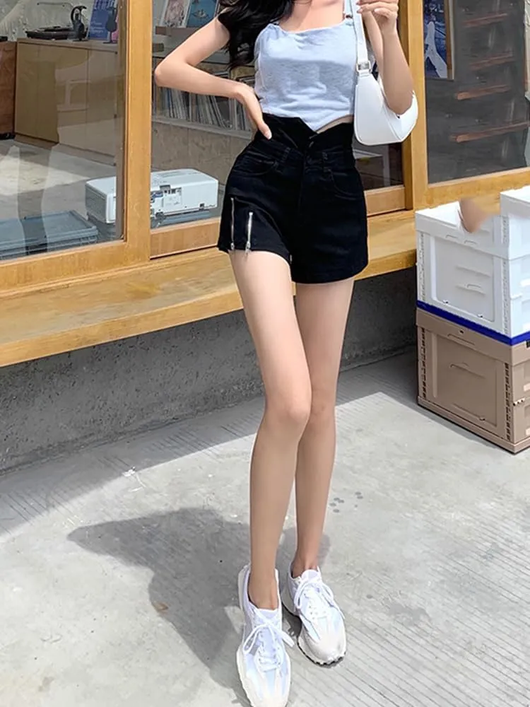 Denim Shorts Women Summer Black Zipper High Waist Short Pants Hot Pants with Pockets