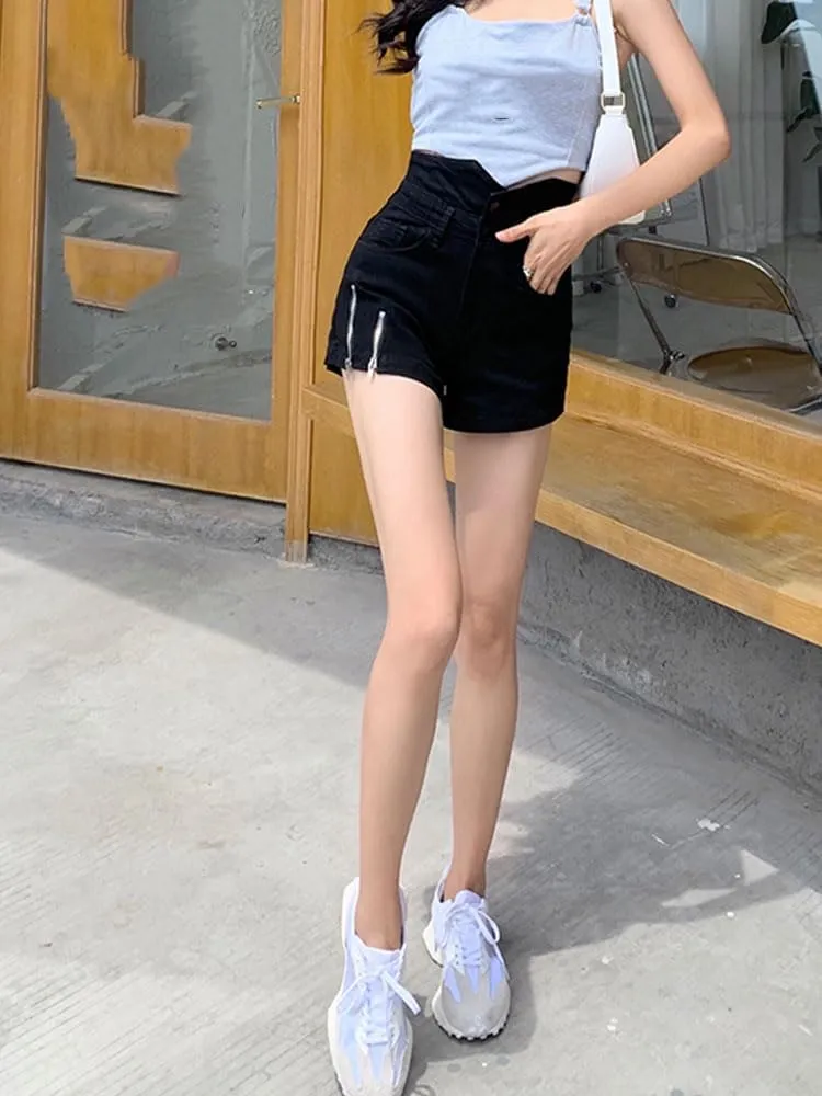 Denim Shorts Women Summer Black Zipper High Waist Short Pants Hot Pants with Pockets