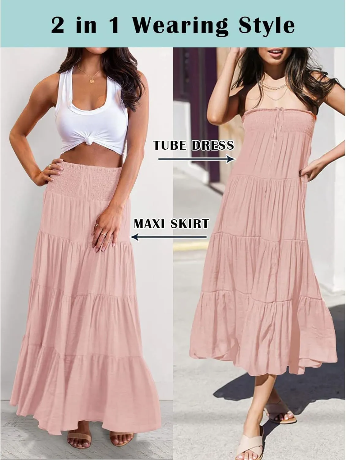 Denim Skirts Women's Summer Elastic High Waist Boho Maxi Skirt Casual Drawstring A Line Long Skirt High Skirt