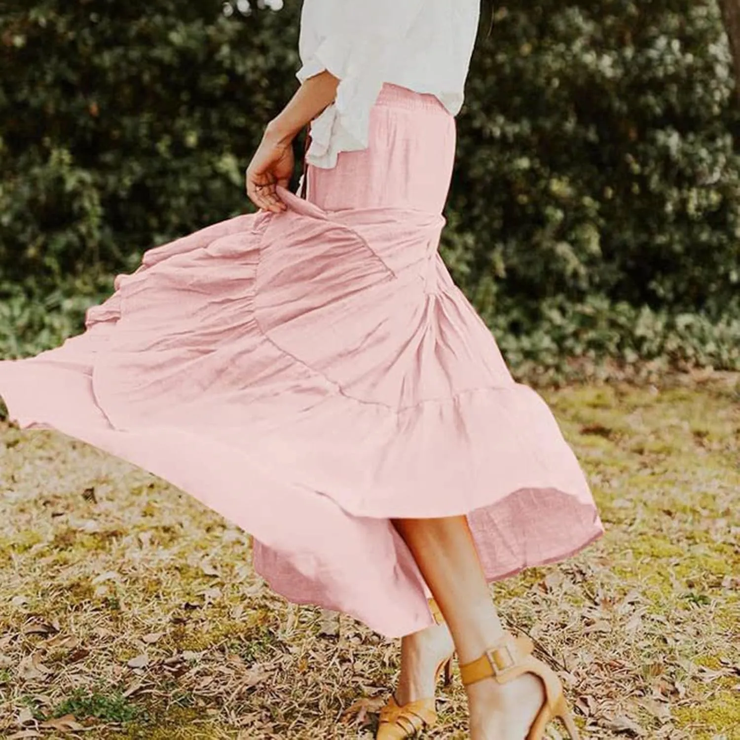Denim Skirts Women's Summer Elastic High Waist Boho Maxi Skirt Casual Drawstring A Line Long Skirt High Skirt