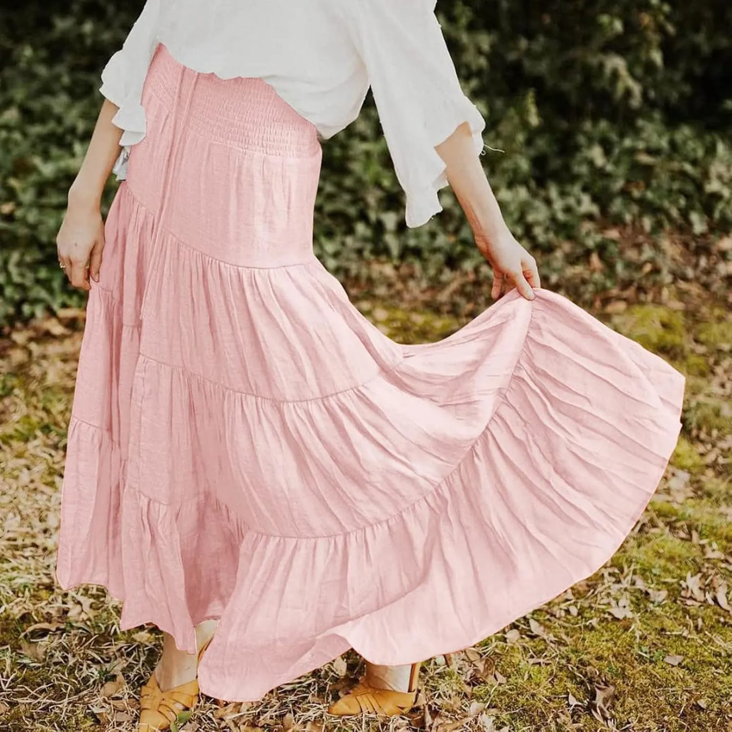 Denim Skirts Women's Summer Elastic High Waist Boho Maxi Skirt Casual Drawstring A Line Long Skirt High Skirt